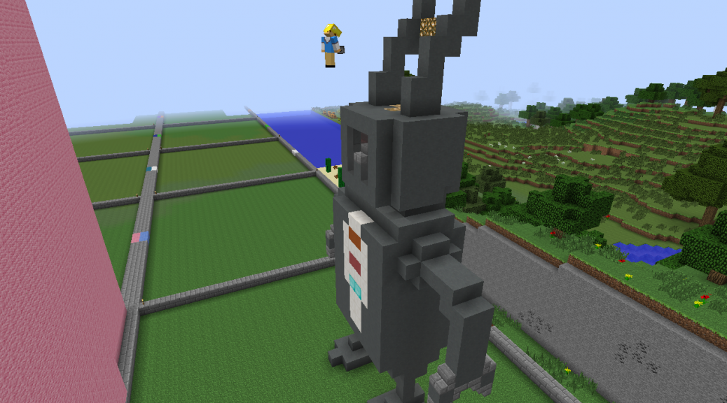 Screenshot of Oliver flying in front of his robot. Spikey head dress takes form.